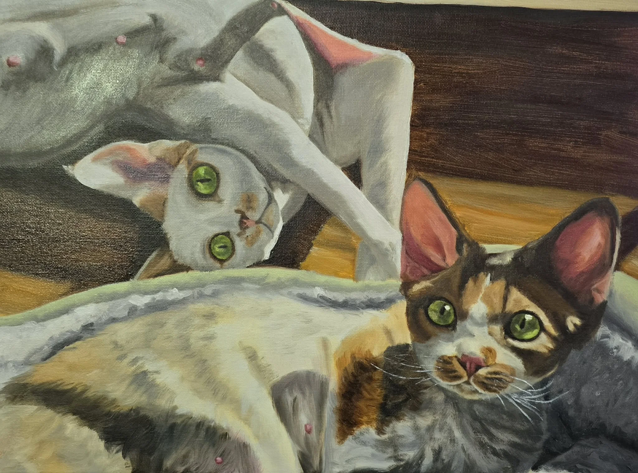 A painting of two cats lying down with one cat having green eyes and the other cat with reddish-brown fur, set against a background with various colors.