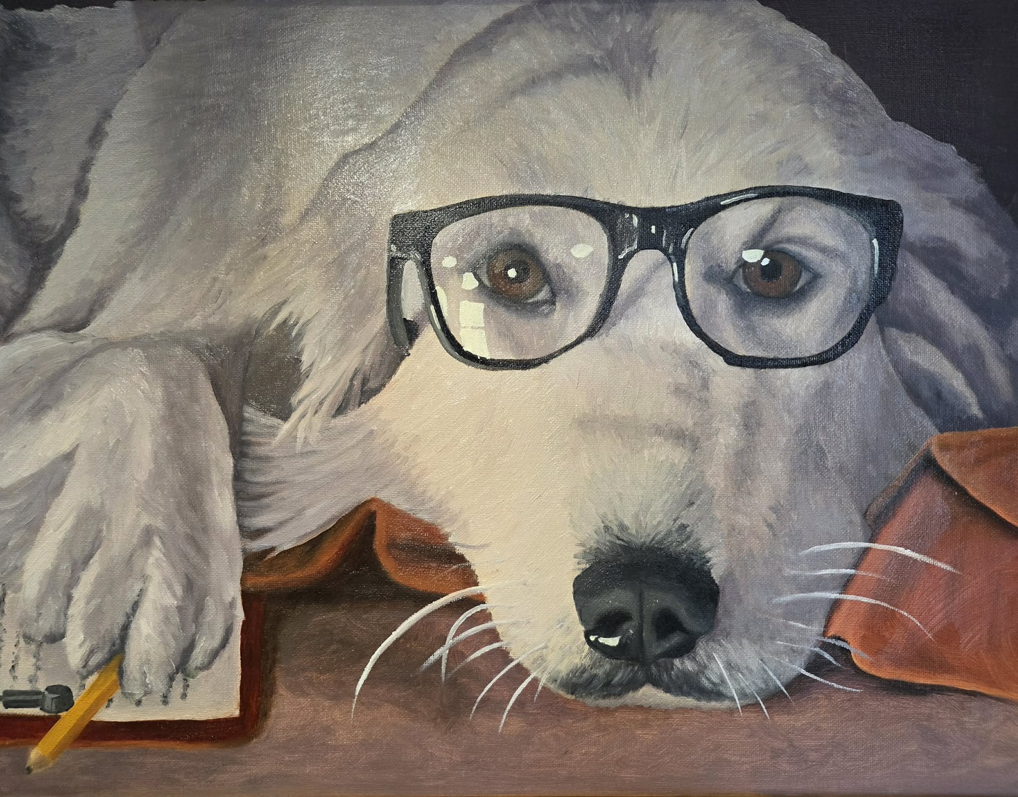Painting of a dog wearing glasses with a white coat and a red shirt.