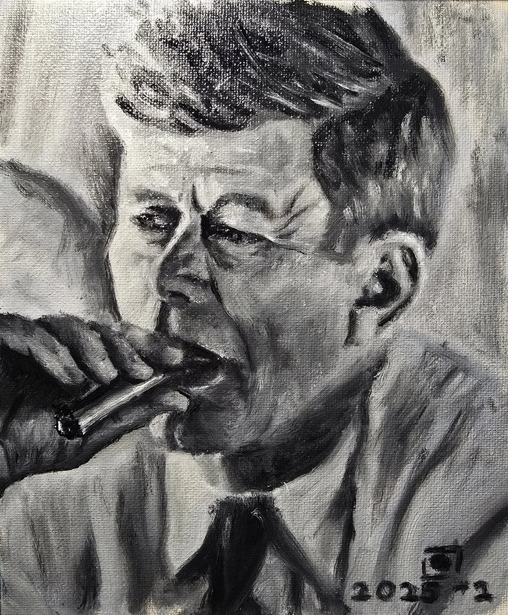 A black and white painting of a man with curly hair, wearing a collared shirt, resting his head on his hand.