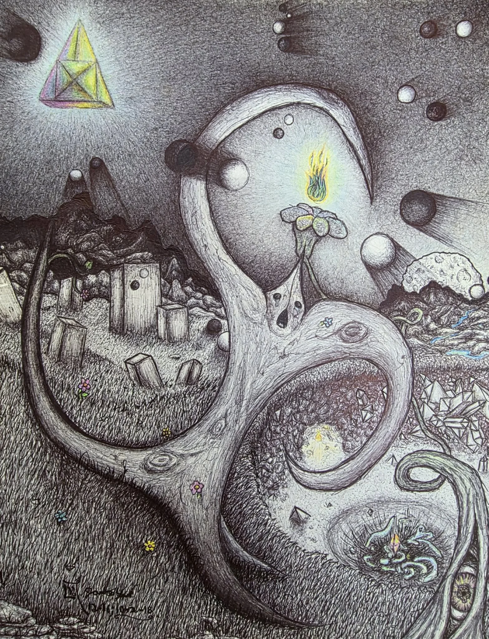 A detailed chalk drawing of a surreal landscape featuring a large, round window with a tree growing inside, a glowing flame, various geometric shapes, and small colorful flowers scattered across the dark background.