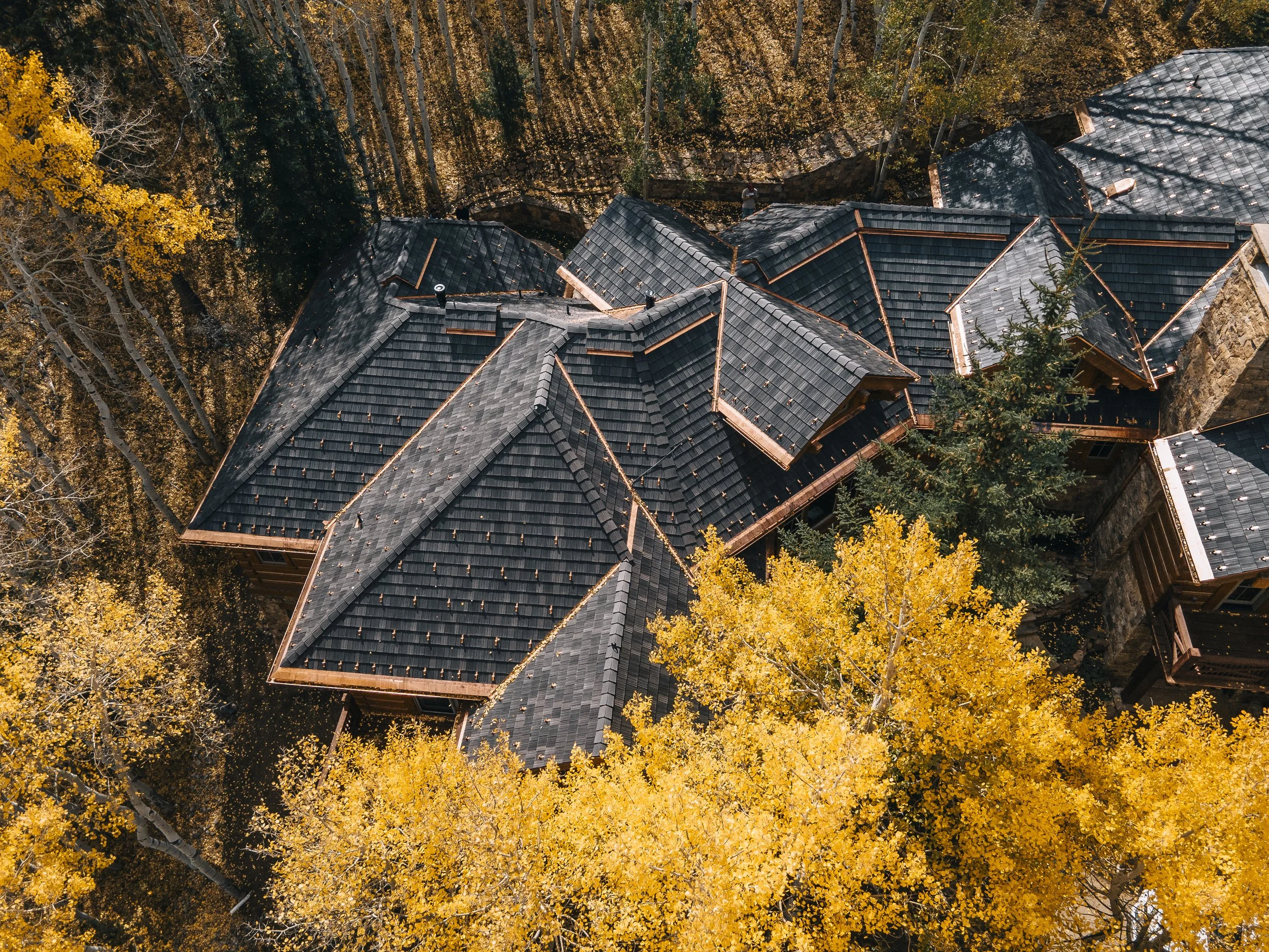 An aerial view of a house with multiple rooftops surrounded by yellow autumn trees.