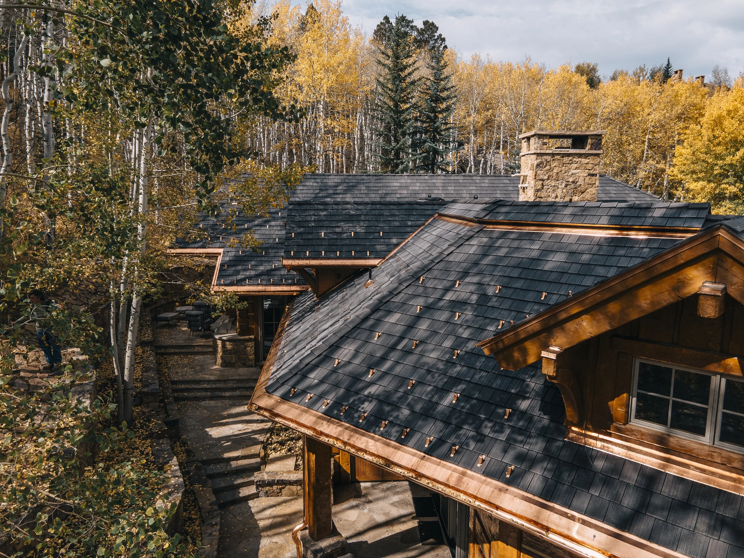 View of rooftops covered with dark shingles surrounded by autumn-colored trees, some with green leaves, in a forested area.