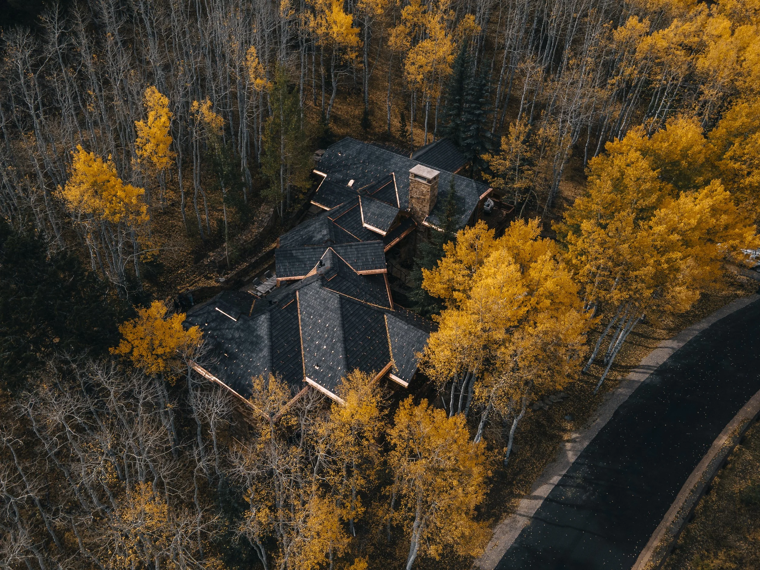 An aerial view of a house surrounded by trees with yellow and orange autumn foliage, and a nearby road.