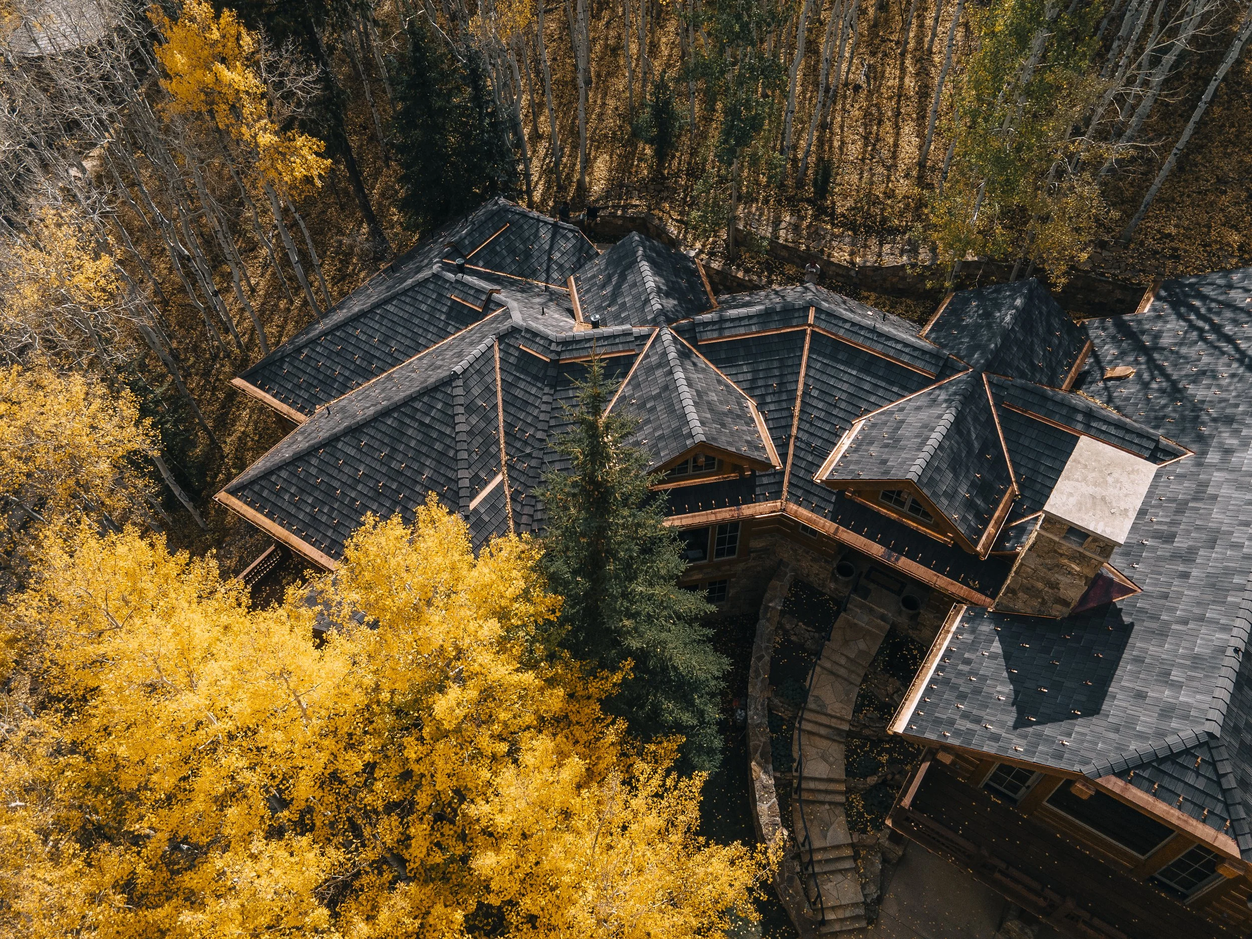 An aerial view of a house with black shingle roof surrounded by trees in fall foliage.