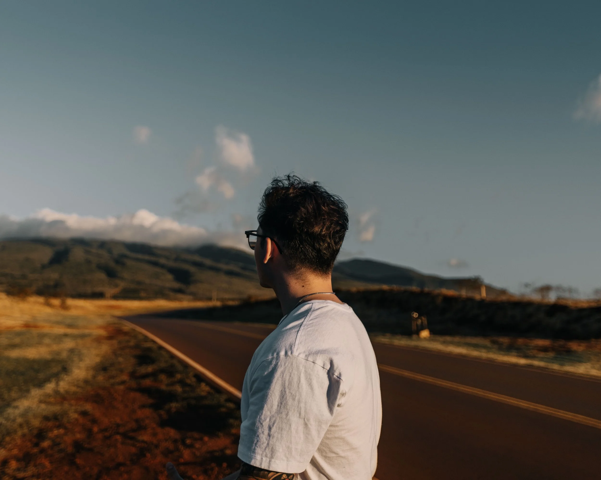 A person with short brown hair and glasses facing away from the camera, standing outdoors in a scenic landscape with hills, a paved road, and a cloudy sky.