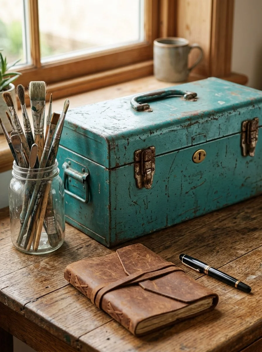 A rustic wooden desk near a window holding art supplies and a vintage blue metal box, a leather-bound journal, and a black pen.