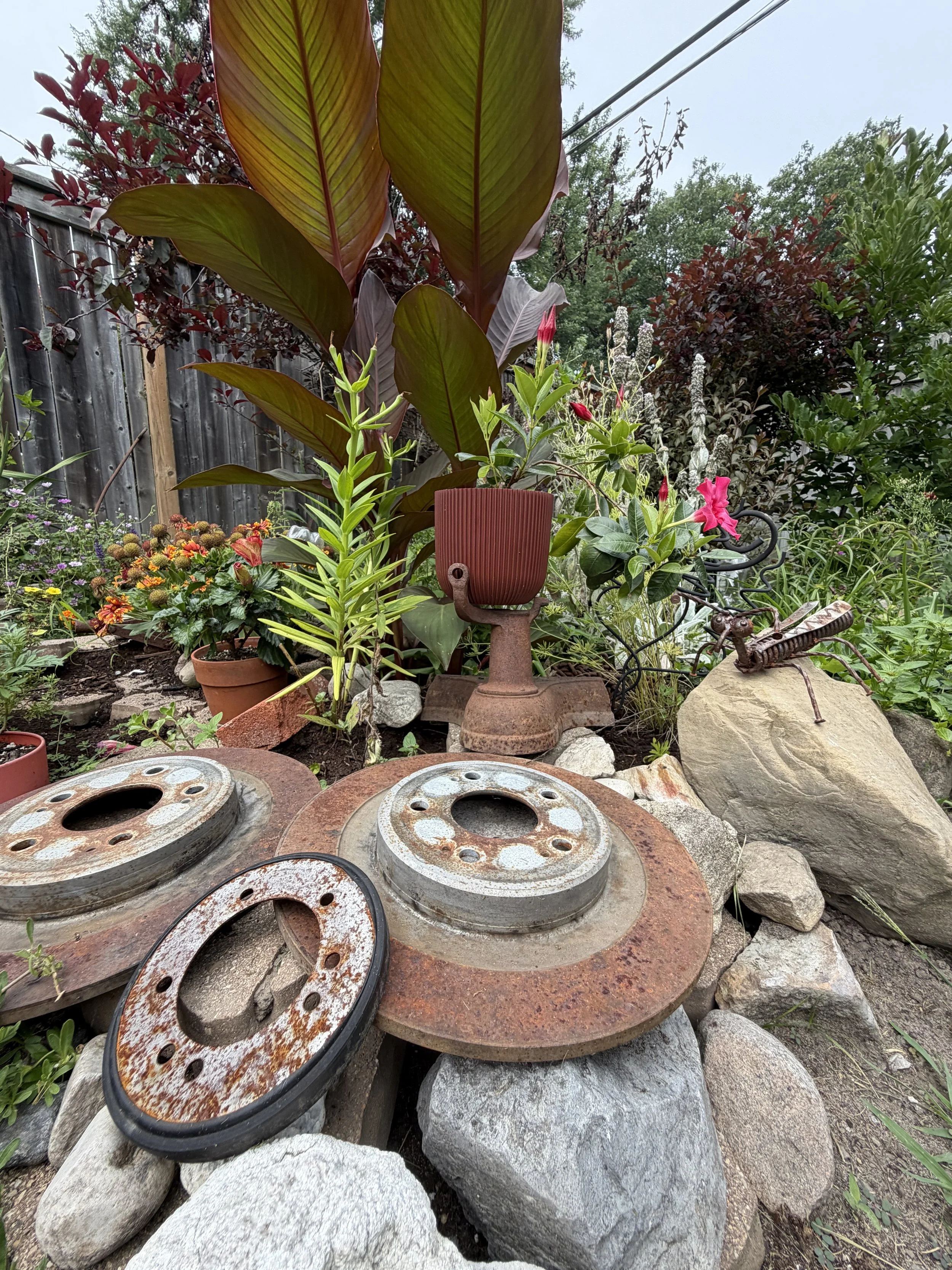 Garden scene with large tropical leaves in a pot, colorful flowers, rusted metal wheels, rocks, and garden ornaments.