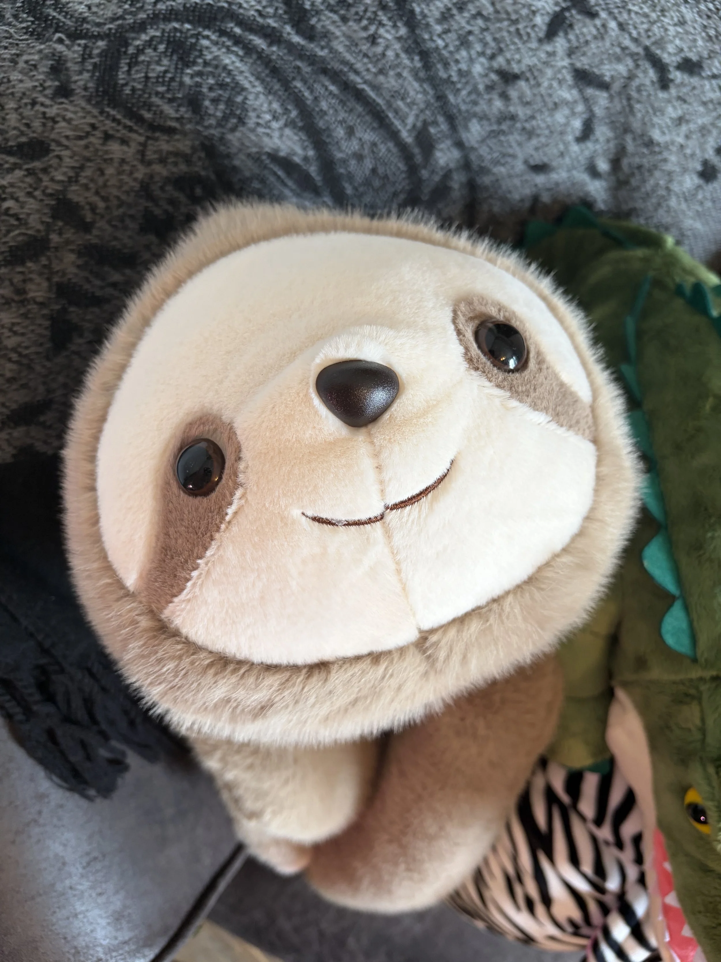 Close-up of a smiling plush dog toy with beige and brown fur, black nose, and big round eyes, on a surface with other stuffed toys and fabric items around.