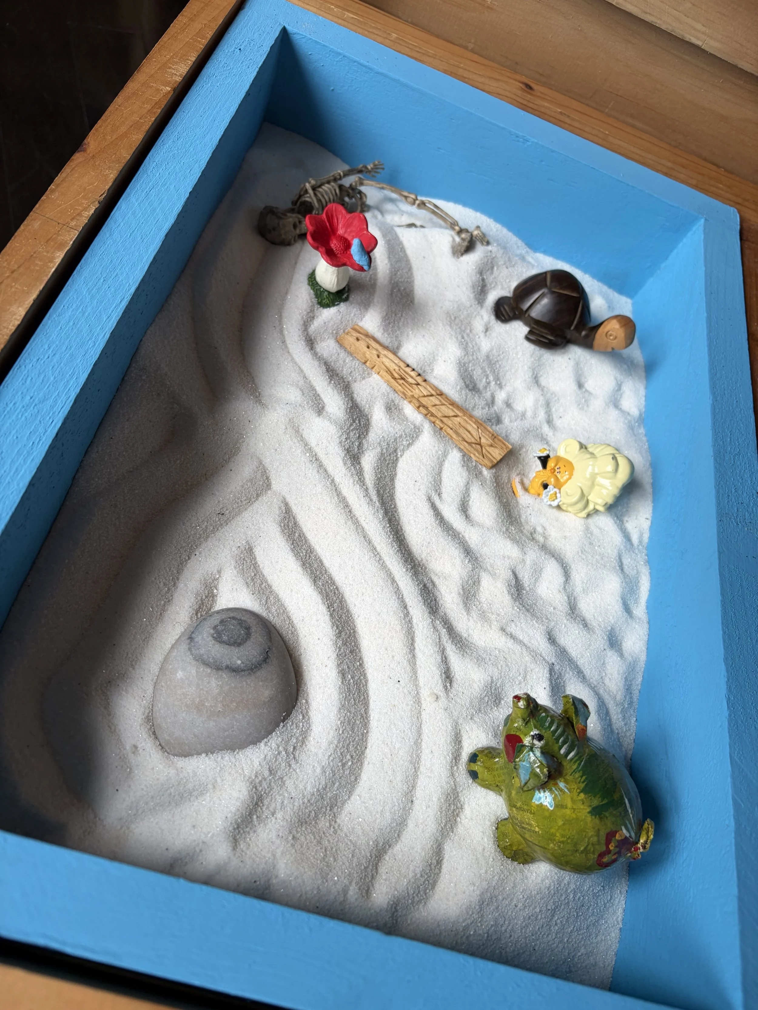 A shadowed sand tray with a small skull, a red flower, a black turtle, a wooden stick, a yellow and green frog figurine, and a yellow duck figurine, with a blue painted border.