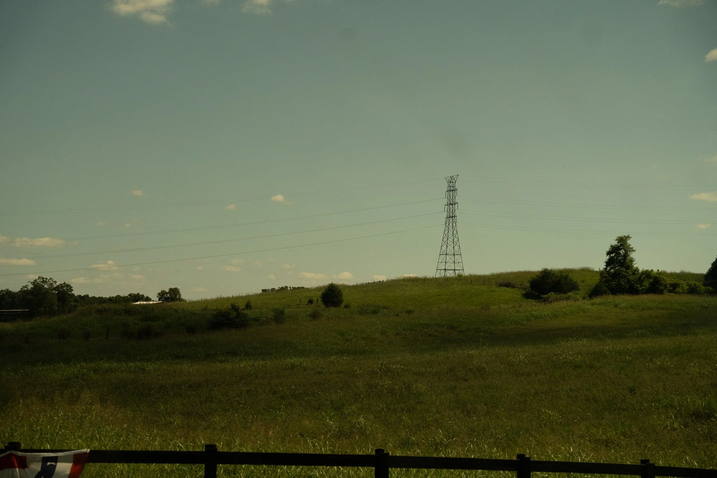 Open field with grass, small bushes, and trees, and a power line tower in the distance against a blue sky with some clouds.