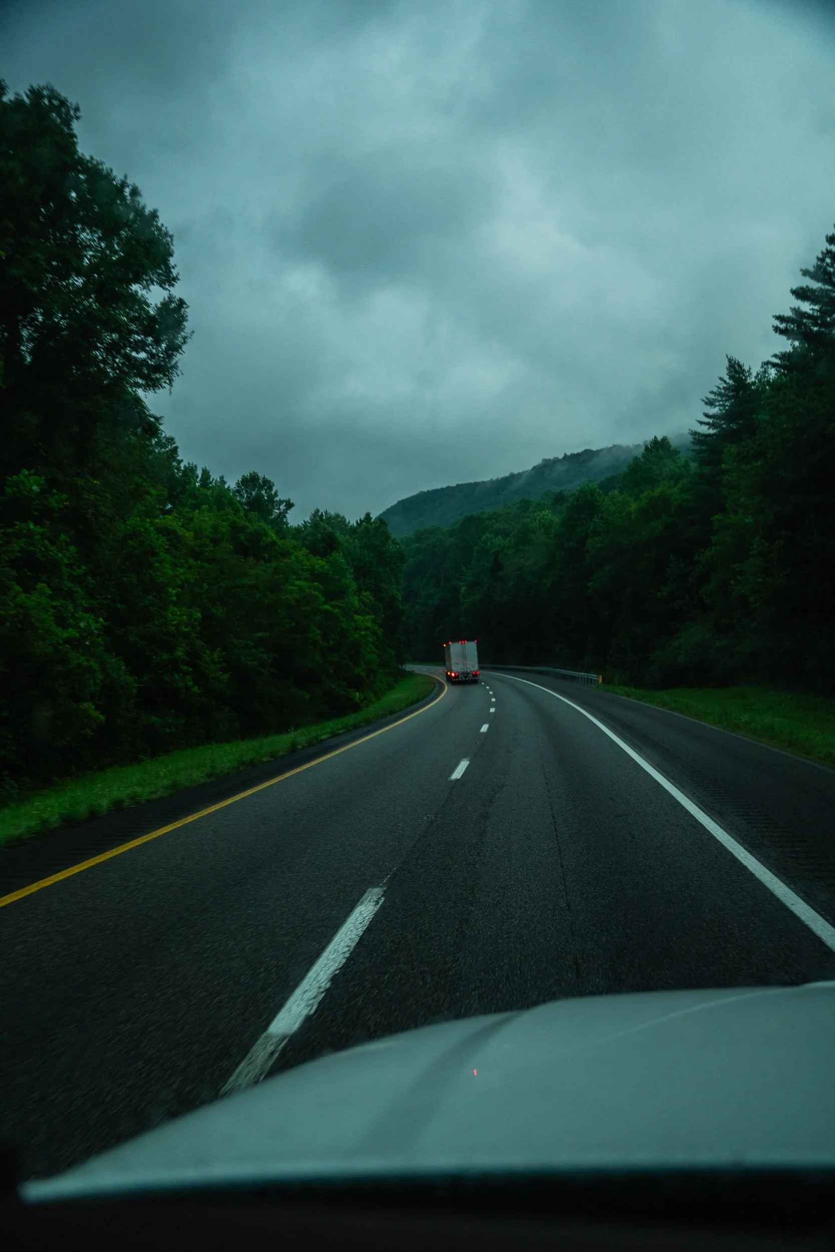 A view from inside a car driving on a winding mountain road with dense green trees on either side under a cloudy, overcast sky.