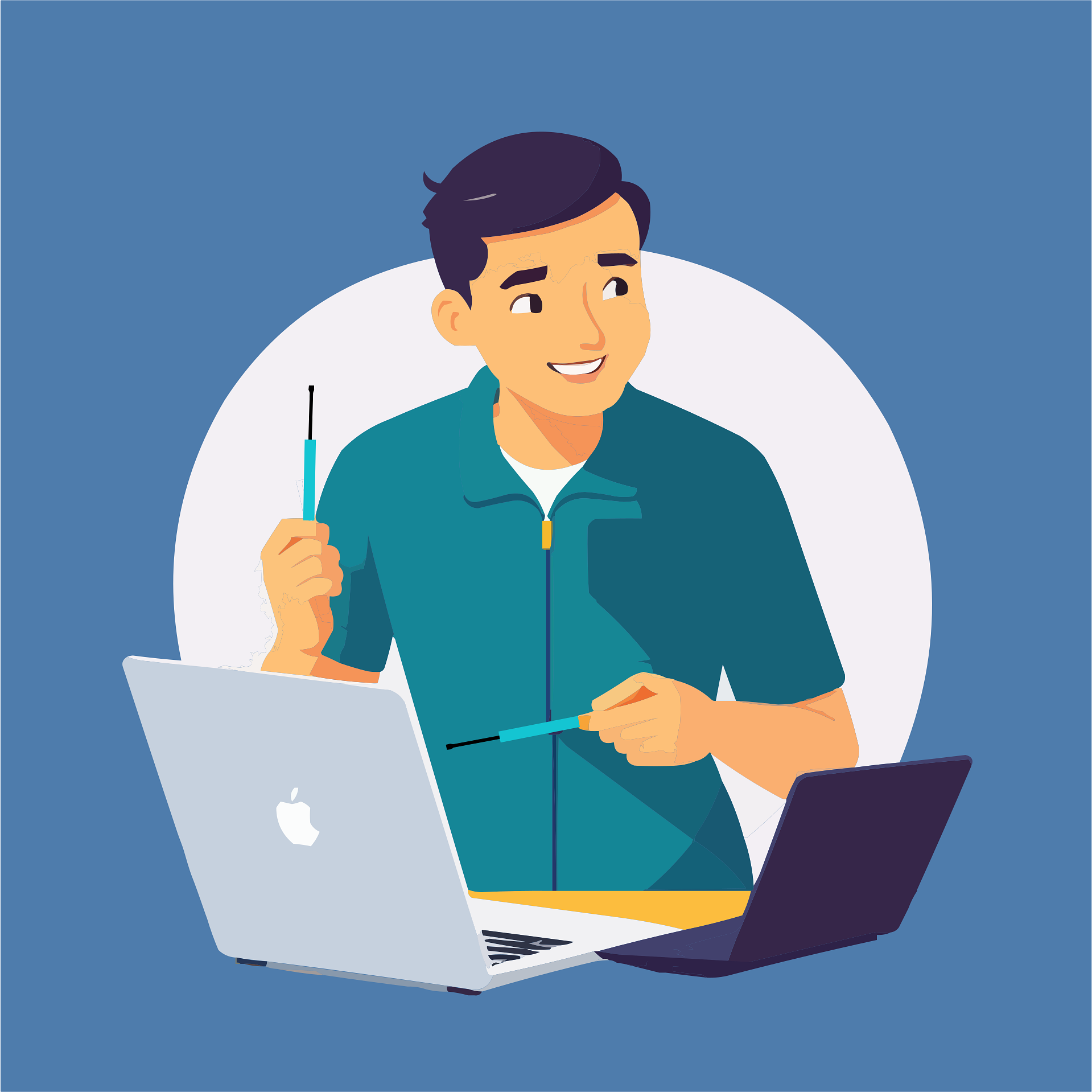 Illustration of a young man with dark hair holding a screwdriver, sitting in front of a laptop and desktop computer, white background with blue backdrop.