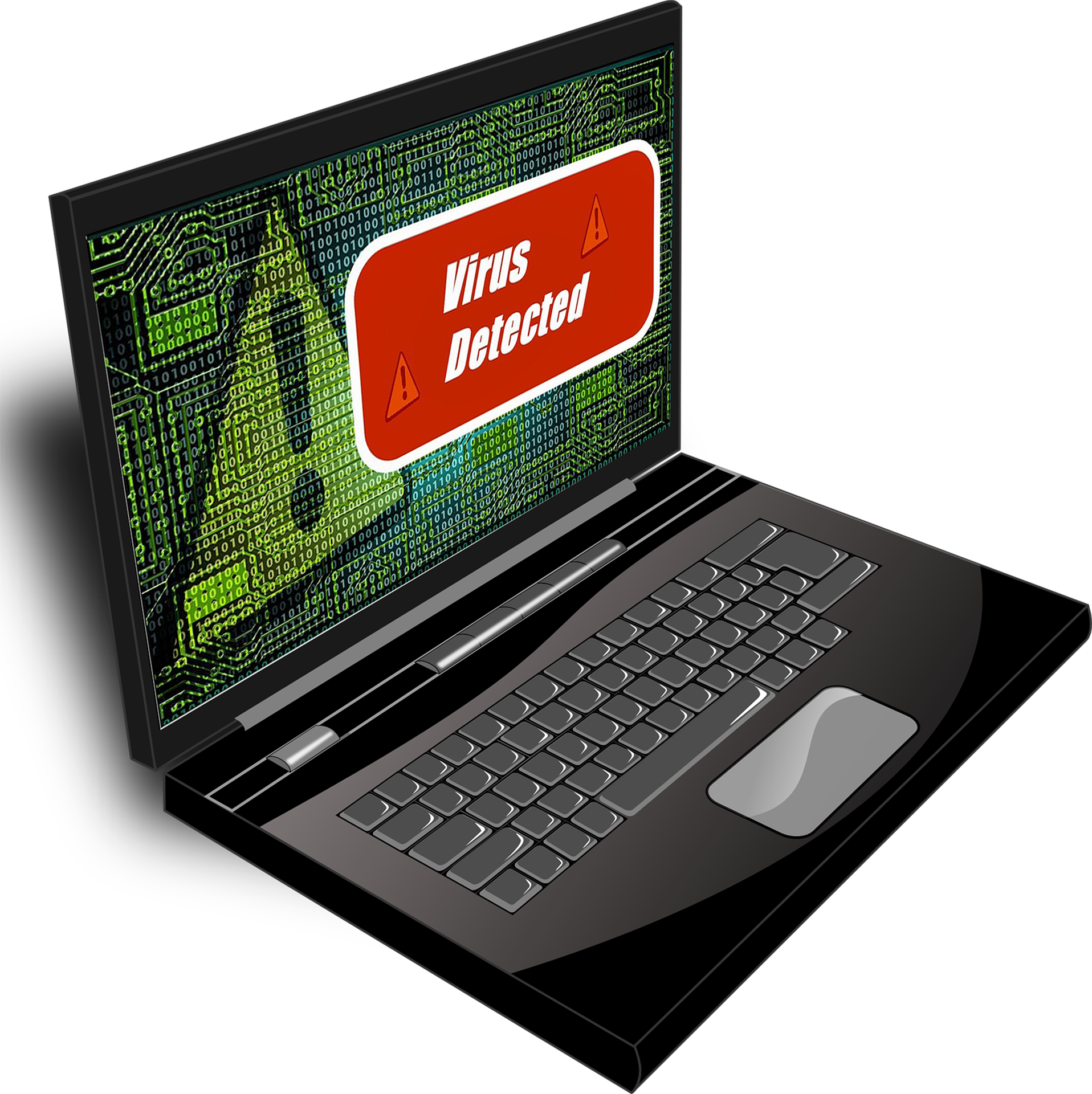 Laptop screen displaying a red warning message that says 'Virus Detected' with an exclamation mark icon, over a digital green binary code background.