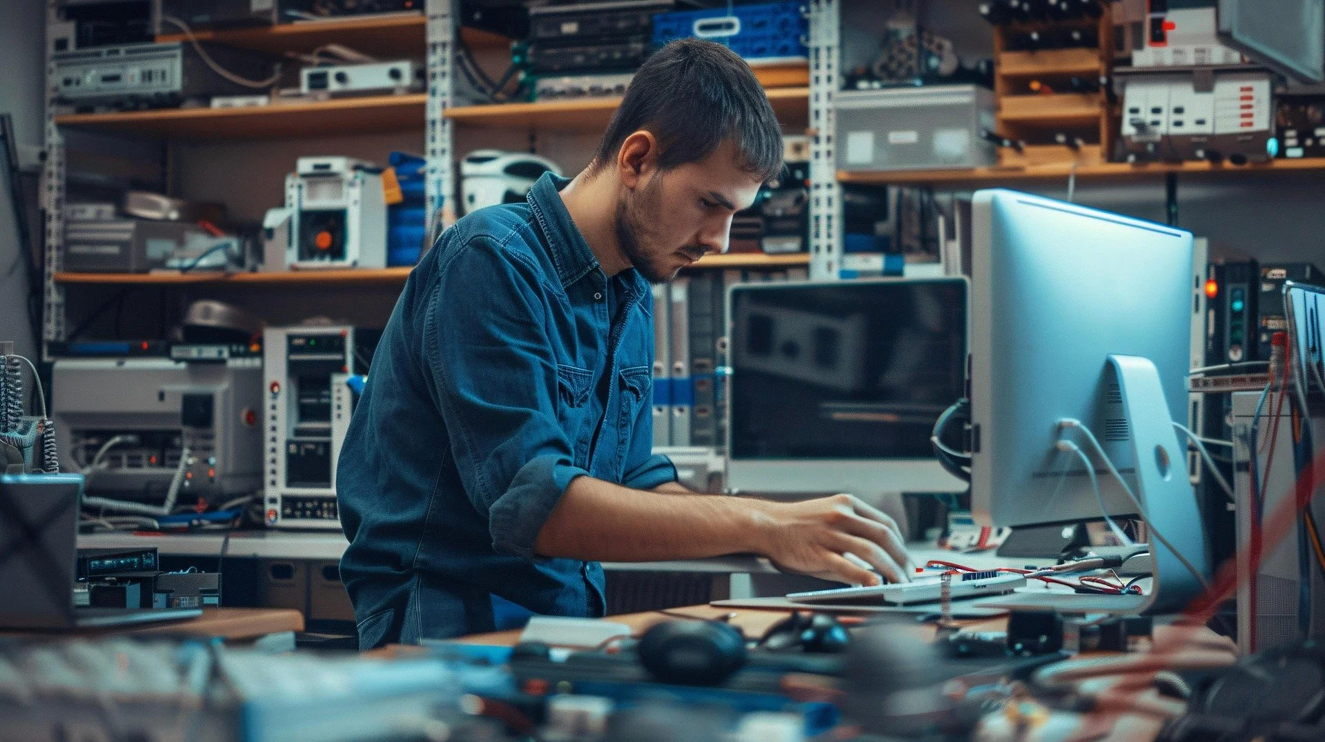 Young man working on electronics project in electronics lab, surrounded by computers, circuit boards, and electronic equipment.