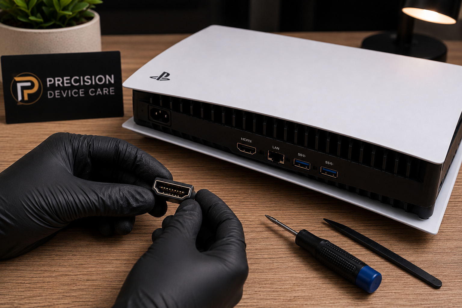 Person in black gloves handling a HDMI port cable on a wooden desk. Background shows a PlayStation 5 console, a sign that reads 'Precision Device Care', a small screwdriver, and a black pry tool.