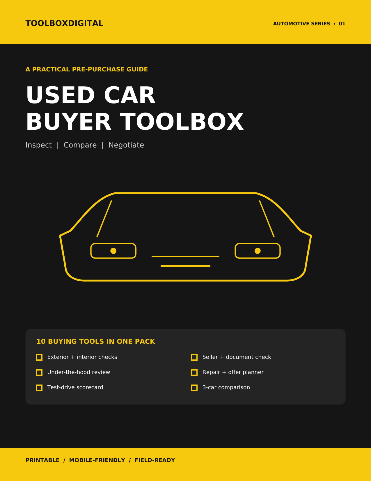 Used Car Buyer Toolbox | Inspection, Test Drive & Comparison Pack