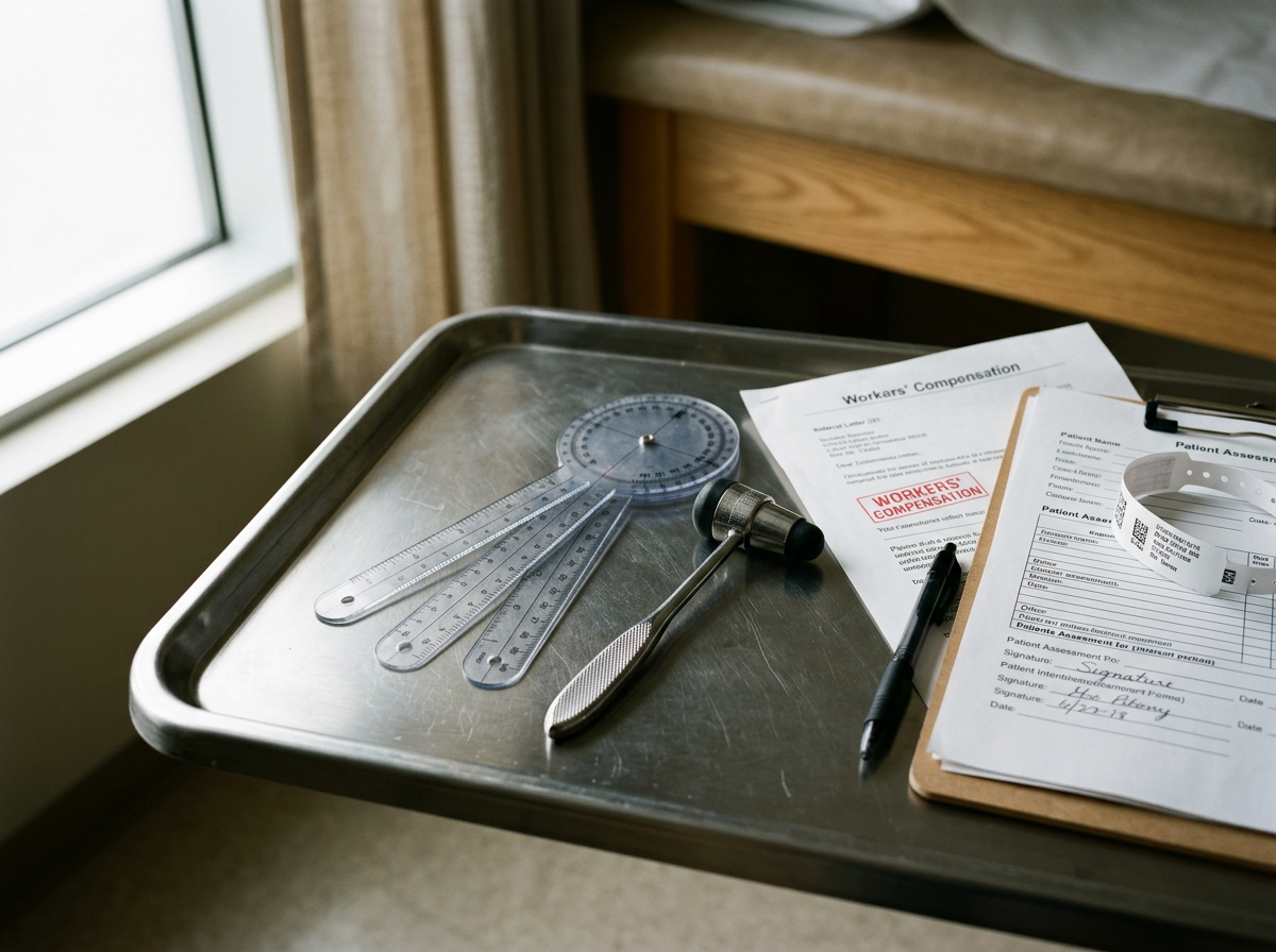Medical documents, a stethoscope, and a slap bracelet on a metal tray near a window.