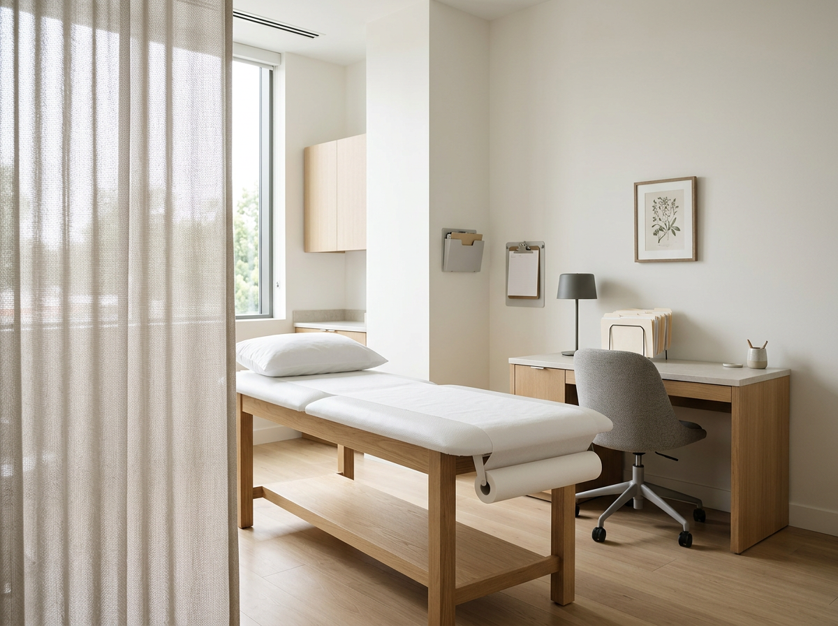 Empty room with a bed, desk, chair, window, and natural lighting, designed in a minimalist style.