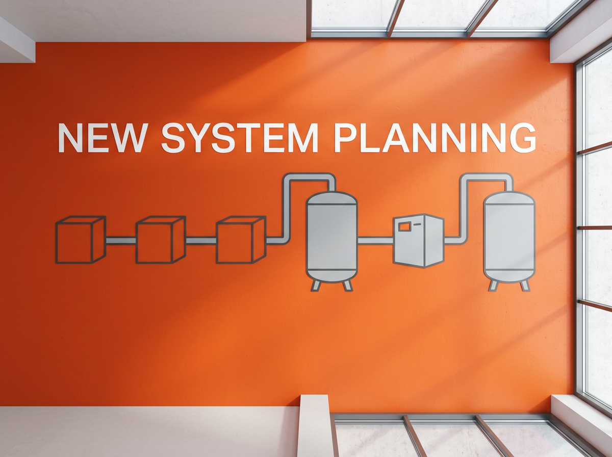 Wall graphic showing a schematic of compressors, a receiver tank, air dryer, and storage tank connected in series, labeled 'New System Planning
