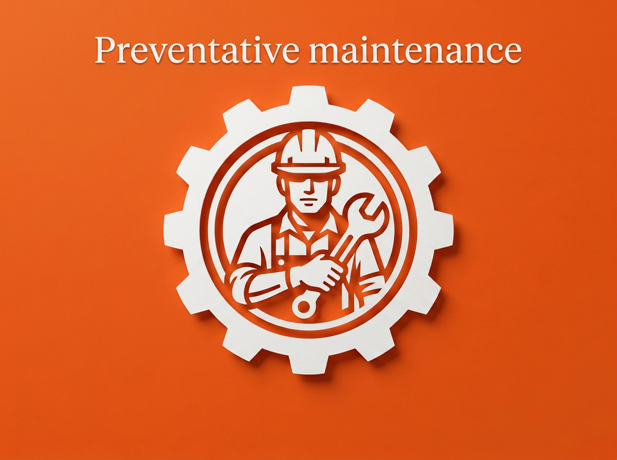 Icon of an industrial maintenance worker holding a wrench inside a gear, representing preventative maintenance services