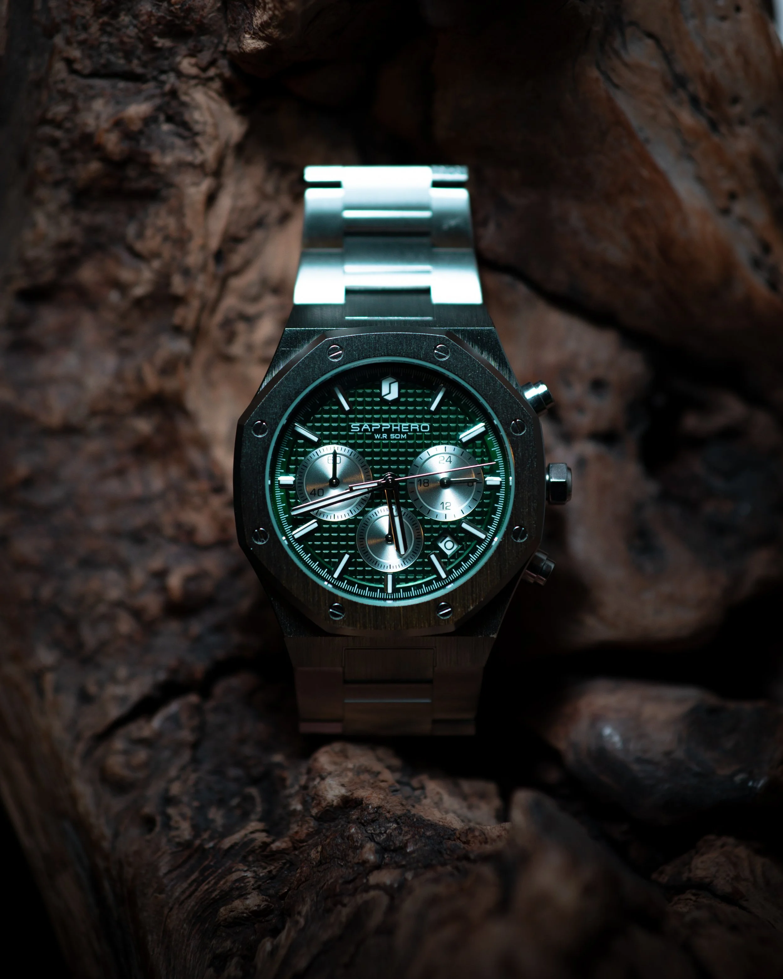 Close-up of a stainless steel wristwatch with a black dial, placed inside a hollow tree trunk.