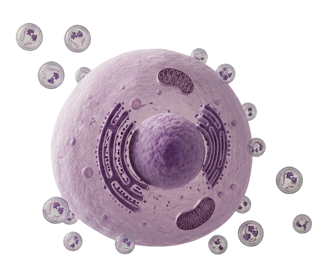 Illustration of a cell with viruses attaching to its surface.