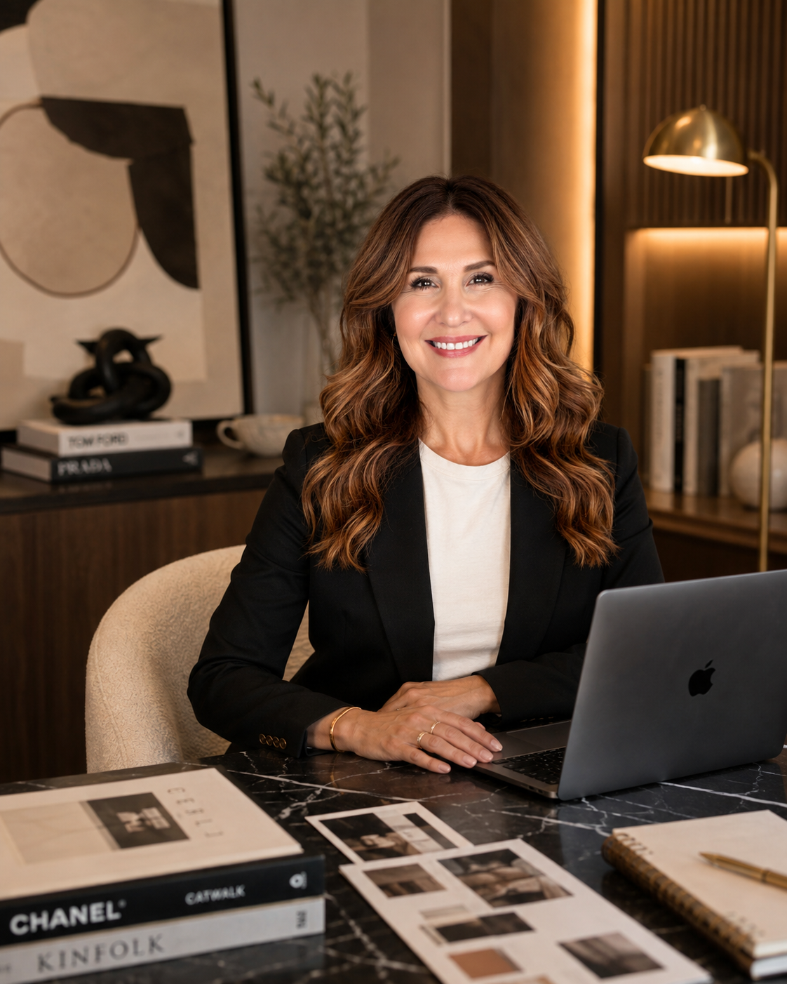 A woman with wavy brown hair and a black blazer sitting at a desk with a silver MacBook, surrounded by fashion magazines, printed photographs, and a notebook with a gold pen, in a modern, well-lit office or living room.