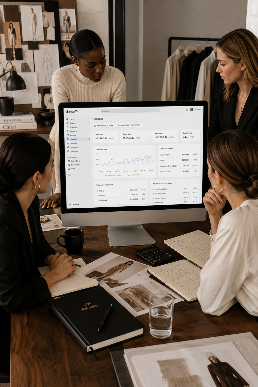 Four women in business attire discussing fashion and sales data on a computer screen in a fashion studio or office setting with clothing sketches and fabric samples.