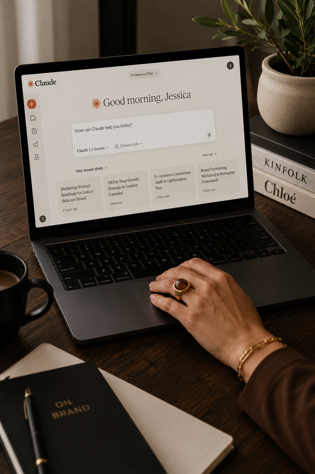A person using a laptop on a wooden desk with a social media management or productivity app on the screen. The desk also has a black notebook with 'ON BRAND' written on it, a black pen, a cup of coffee, a plant in a white pot, and a stack of books titled 'KIN FOLK' and 'Chloé'.