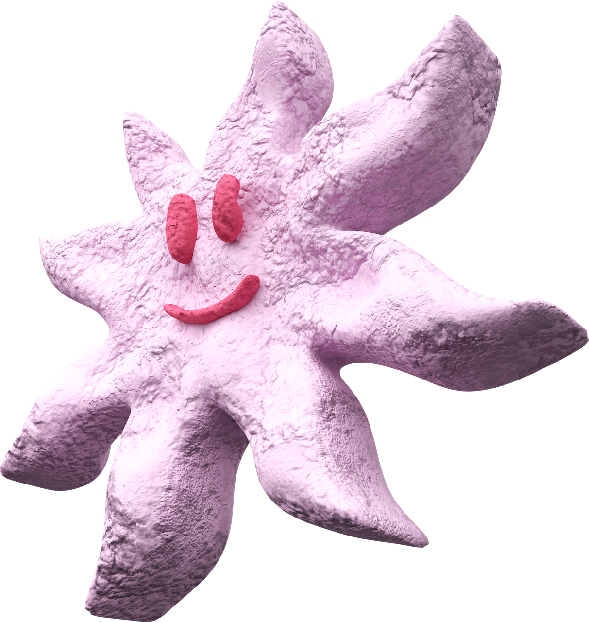 A pink starfish with a smiling face drawn on its front, featuring two eyes and a curved mouth.
