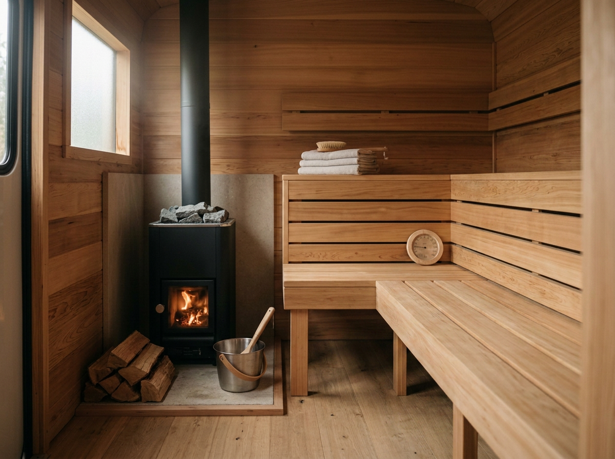 A wooden sauna room with a wood-burning stove, a bucket with a ladle, a stack of firewood, towels, a brush, a thermometer, and a window.