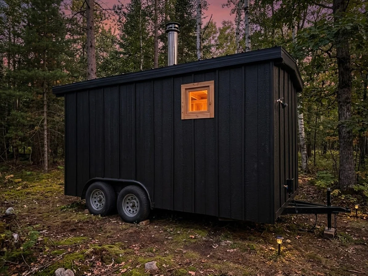 Black tiny house on wheels with a small window and chimney, set in a wooded area during twilight.