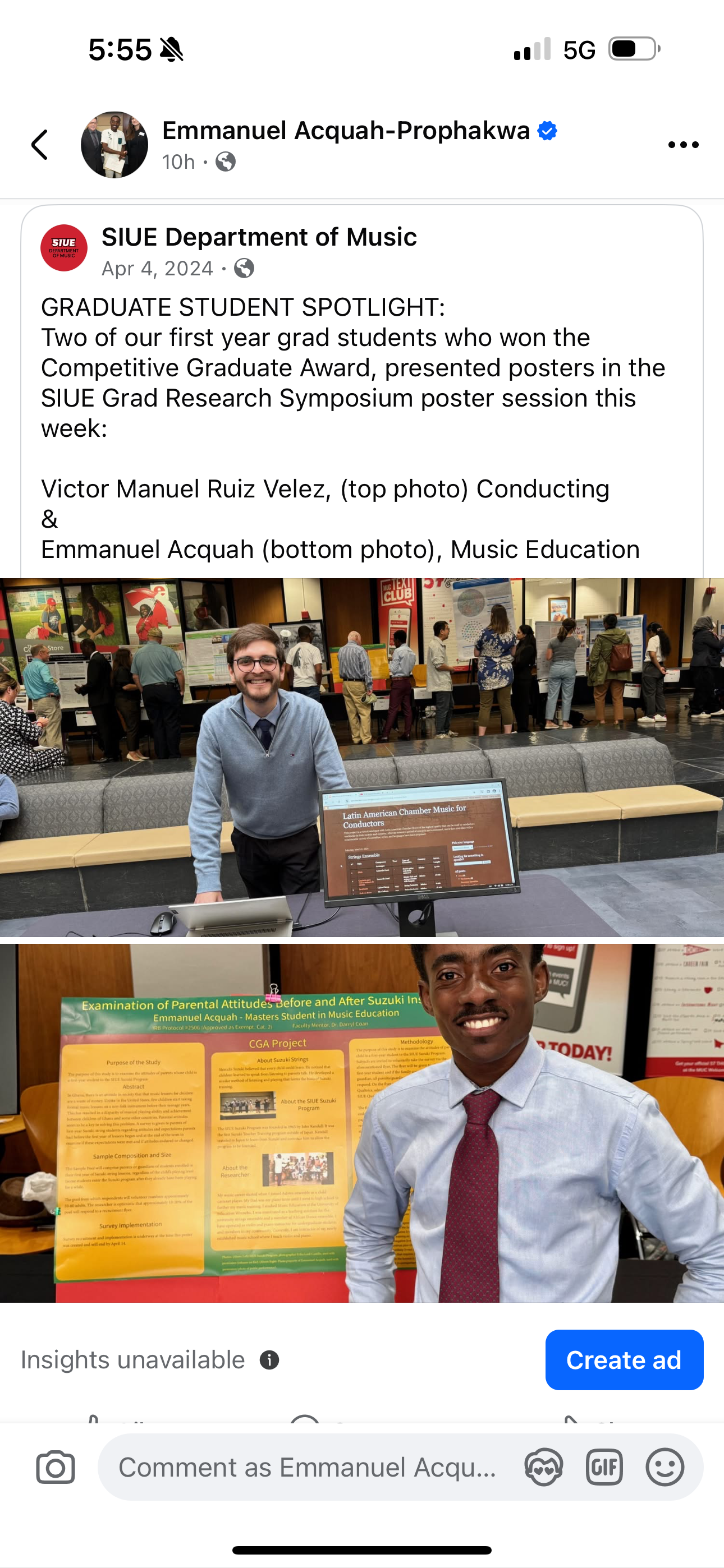 Two young men, Emmanuel Acquah-Prophakwa and Victor Manuel Ruiz Velez, are standing in front of research posters at an academic event or conference. Emmanuel is smiling and wearing a light blue shirt and red tie. Victor is conducting research and has a poster titled 'Examination of Parental Attitude Before and After Suzuki In-...' displayed behind him.