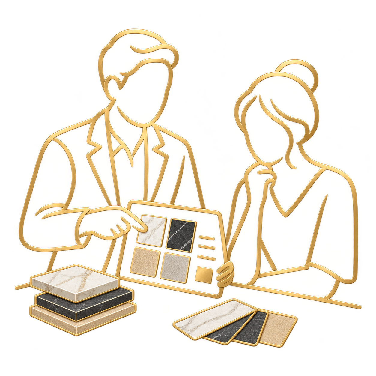 Line art illustration of a man and woman discussing tile samples at a table, with samples and swatches displayed in front of them.