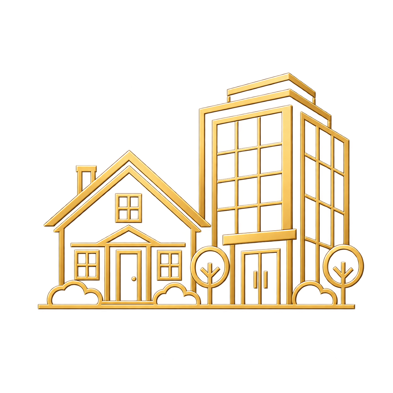 Gold outline of a house and high-rise building surrounded by trees and bushes.