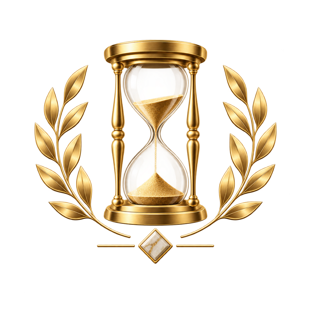 An ornate gold and glass hourglass with sand inside, surrounded by gold laurel leaves, symbolizing the passage of time.