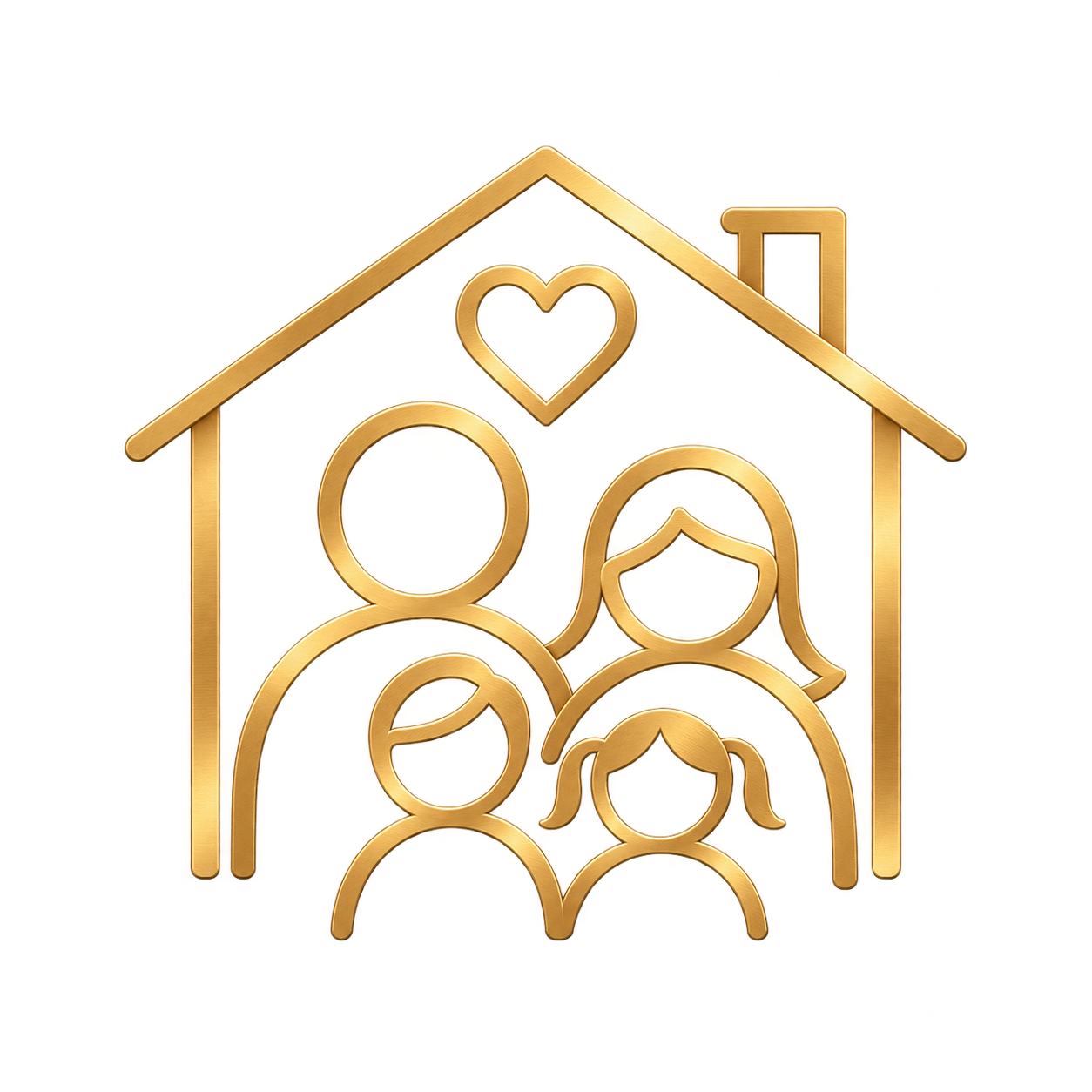 Gold outline of a house with a heart at the top, containing stylized figures of a family inside, symbolizing family and home.