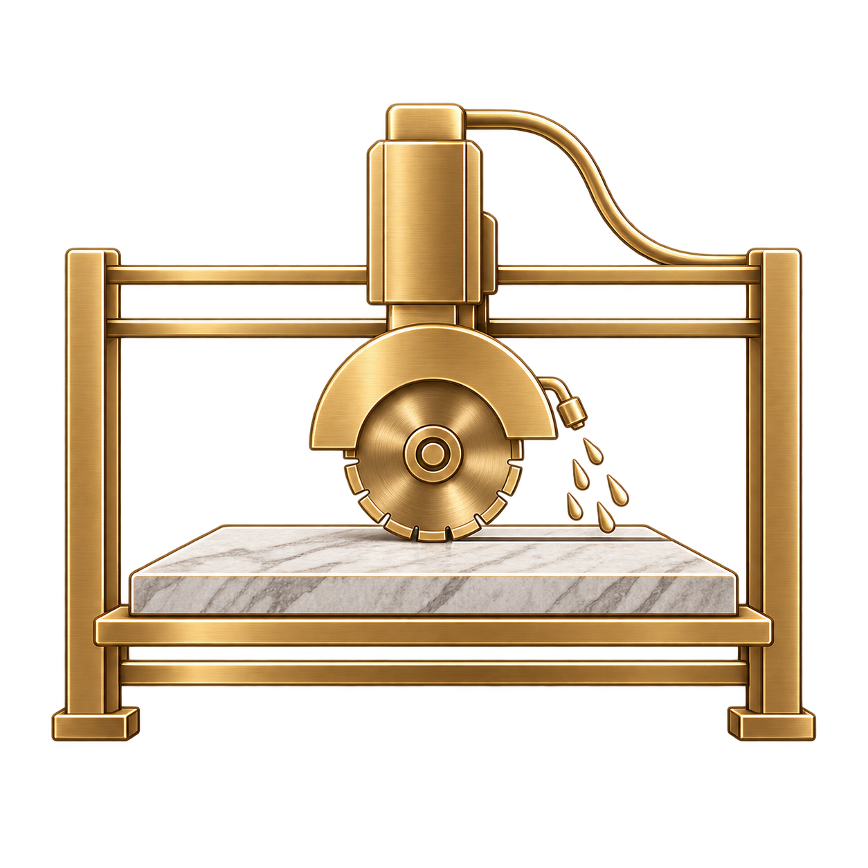 Golden meat slicer with a marble base, showing slices of meat being cut.