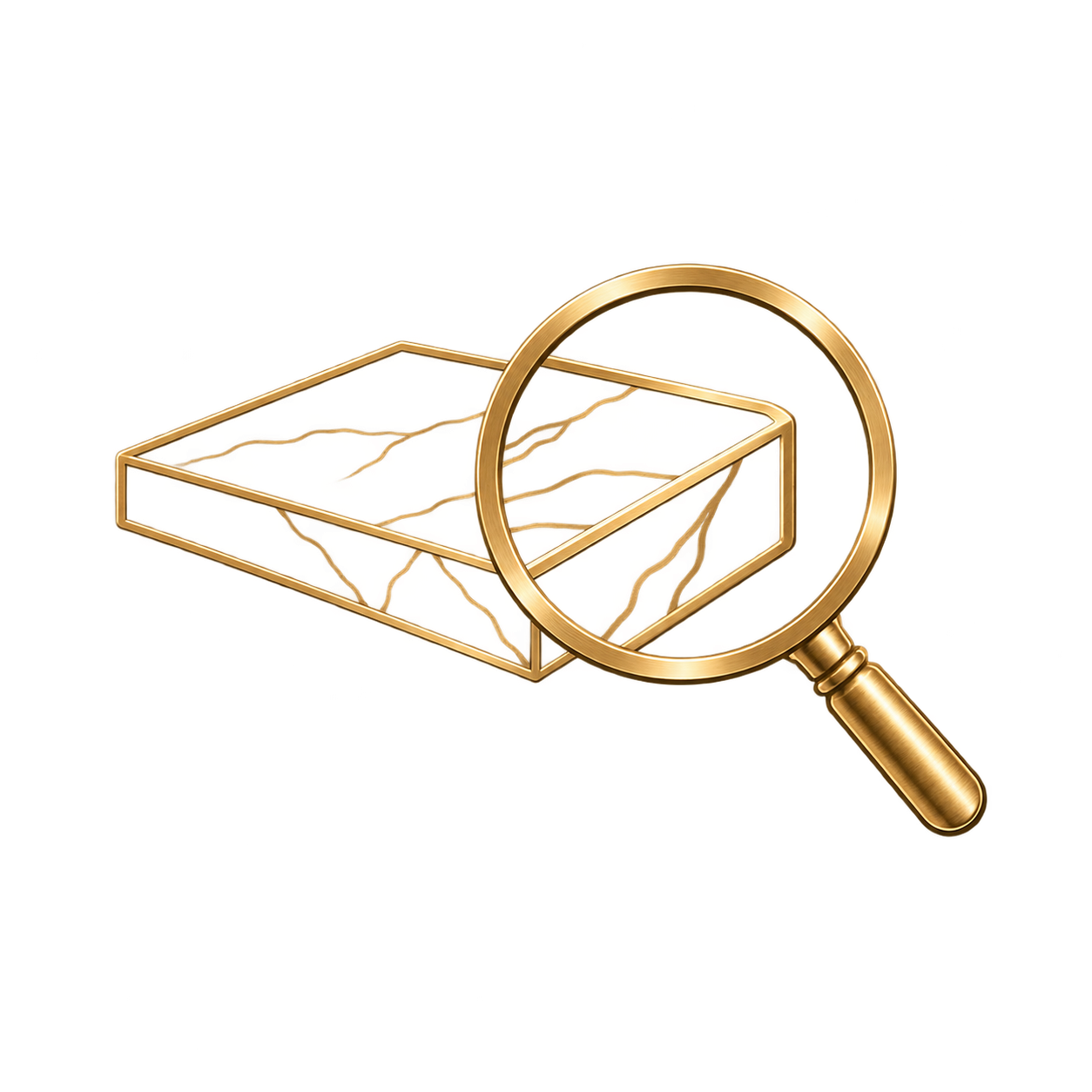 A gold-colored magnifying glass inspecting a gold-colored box with a yellow and red lightning bolt pattern.