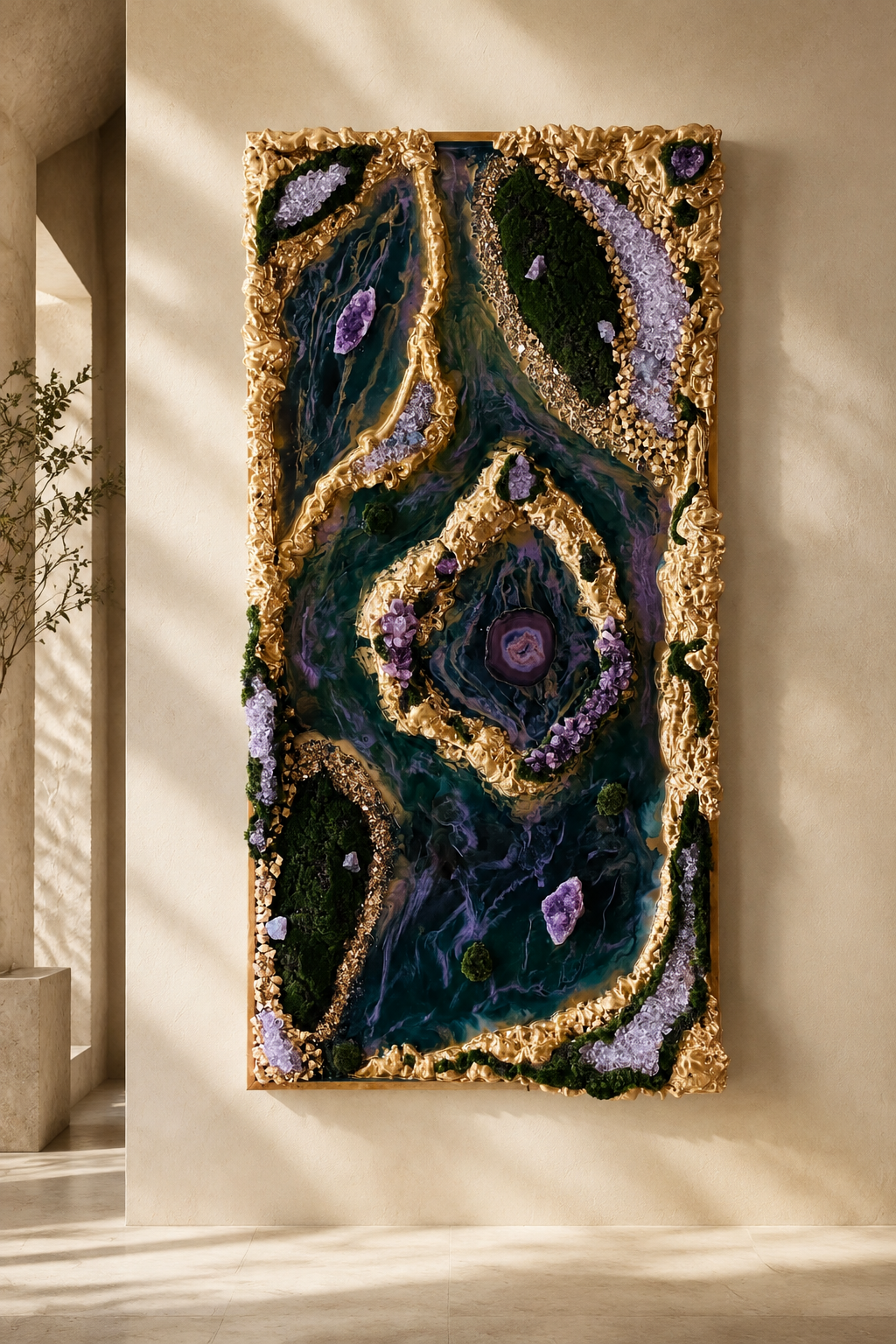 The River of Crystals
Original mixed-media painting with acrylic texture, gold leaf, amethyst, agate, quartz crystal, citrine, celestite, and fluorite
60 × 30 × 3 in — Sold