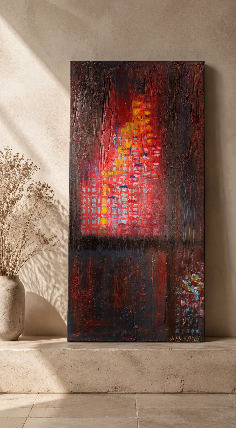 Original abstract acrylic painting in layered burgundy, red, ochre and yellow tones with a contemporary atmospheric composition.
10 × 20 in — Available