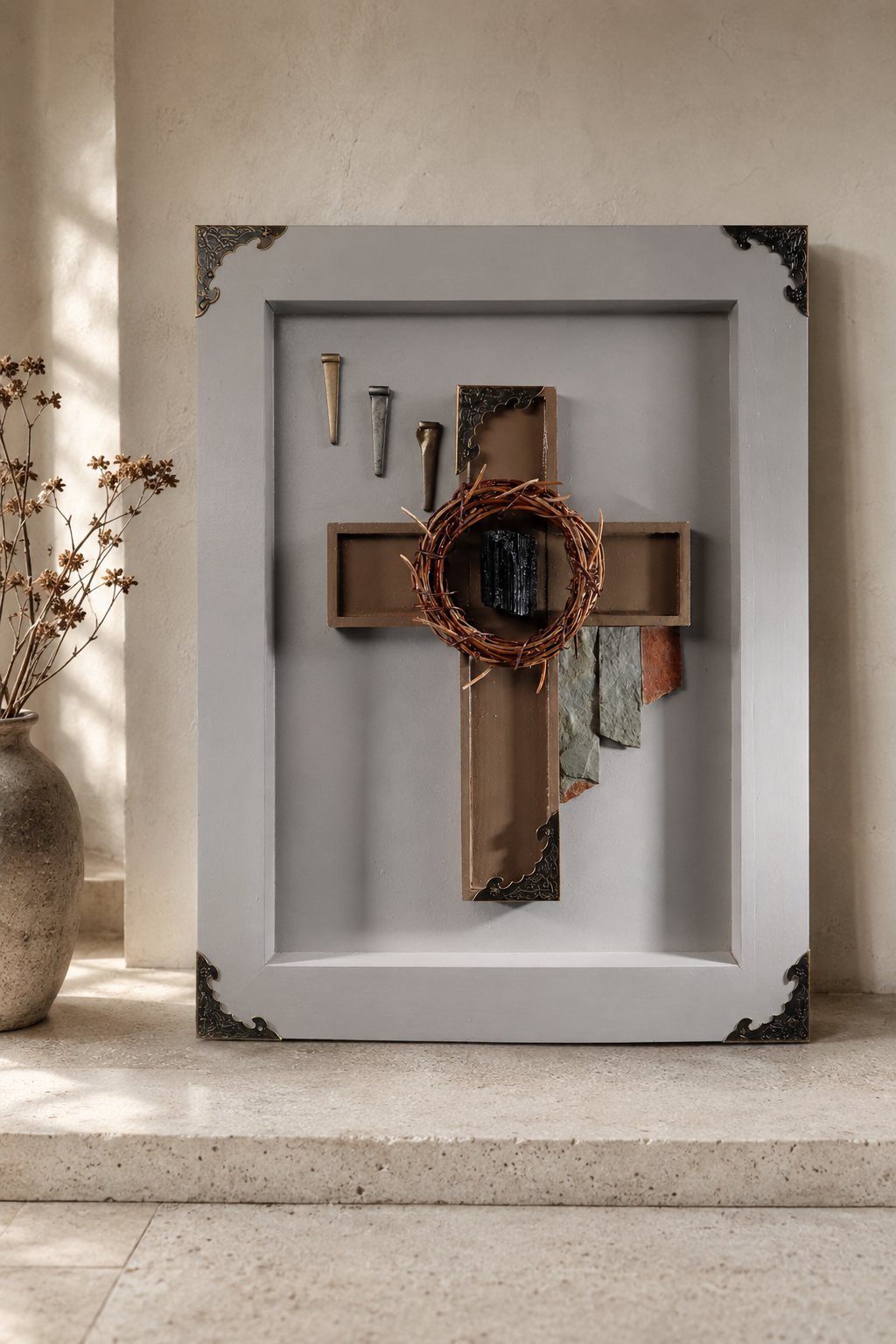 On This Rock
Original faith-inspired sculptural mixed-media artwork in wood, centered on the cross and inspired by Matthew 16:18, combining architectural form, natural textures and restrained symbolic detail.
11 × 14 in — Sold