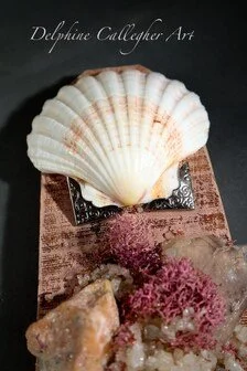 One of a kind pink mixed media wall art with gemstones, shells and layered organic textures