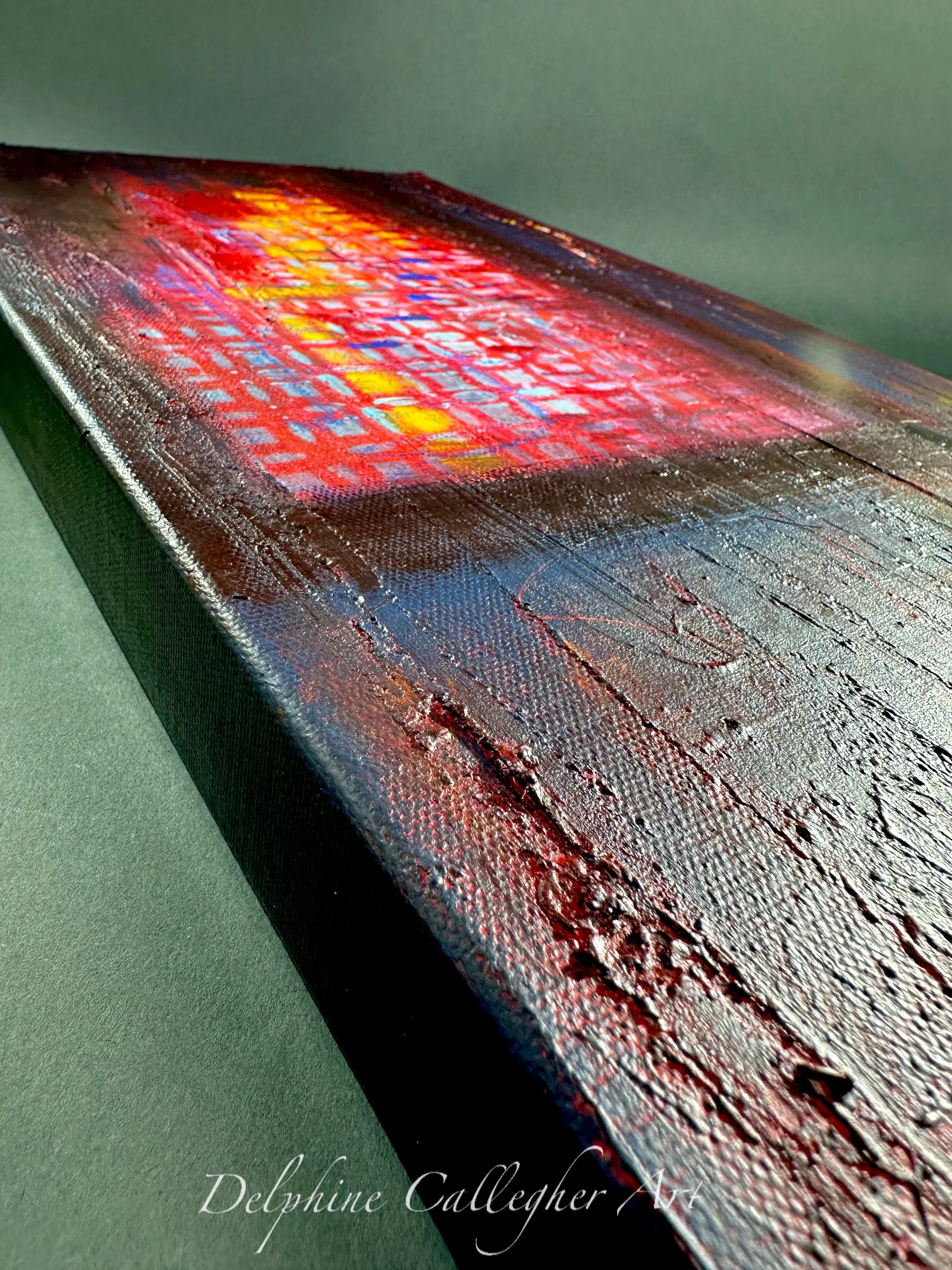 Contemporary burgundy abstract painting with red, ochre, yellow and subtle blue accents, original wall art