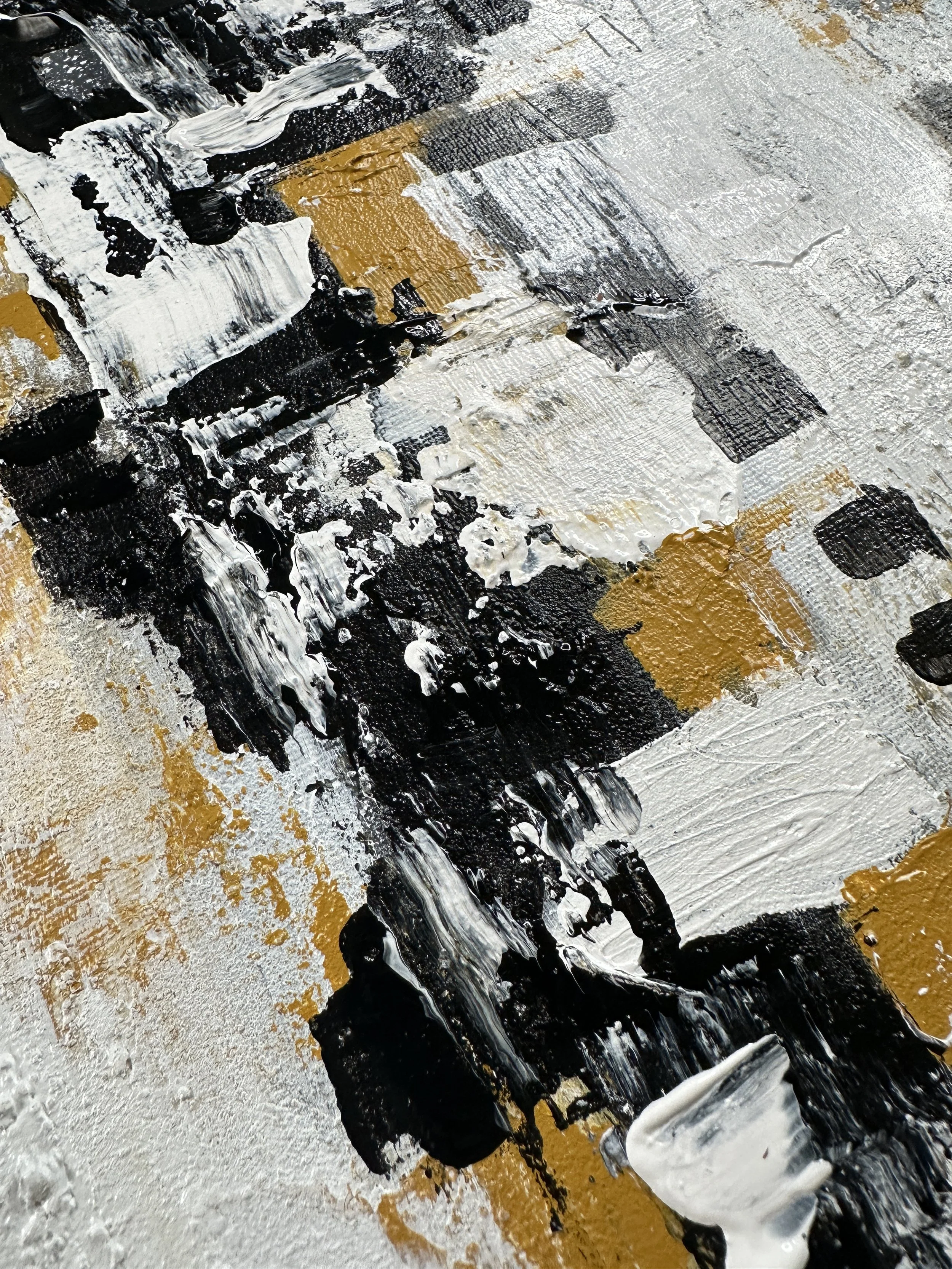 Modern black and white abstract painting with beige ochre and textured brushwork for contemporary home decor