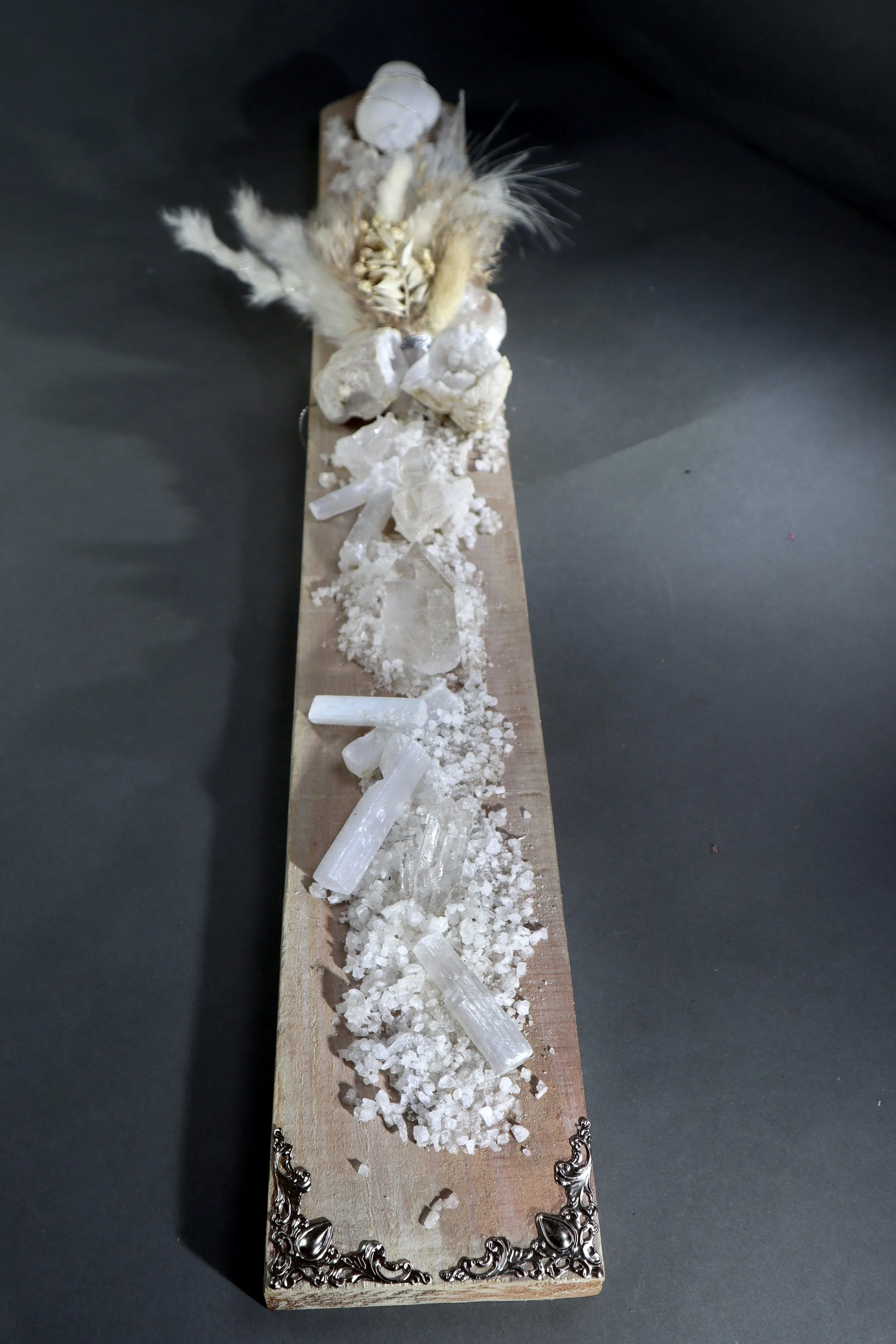One of a kind white mixed media wall artwork with natural minerals and sculptural wood composition