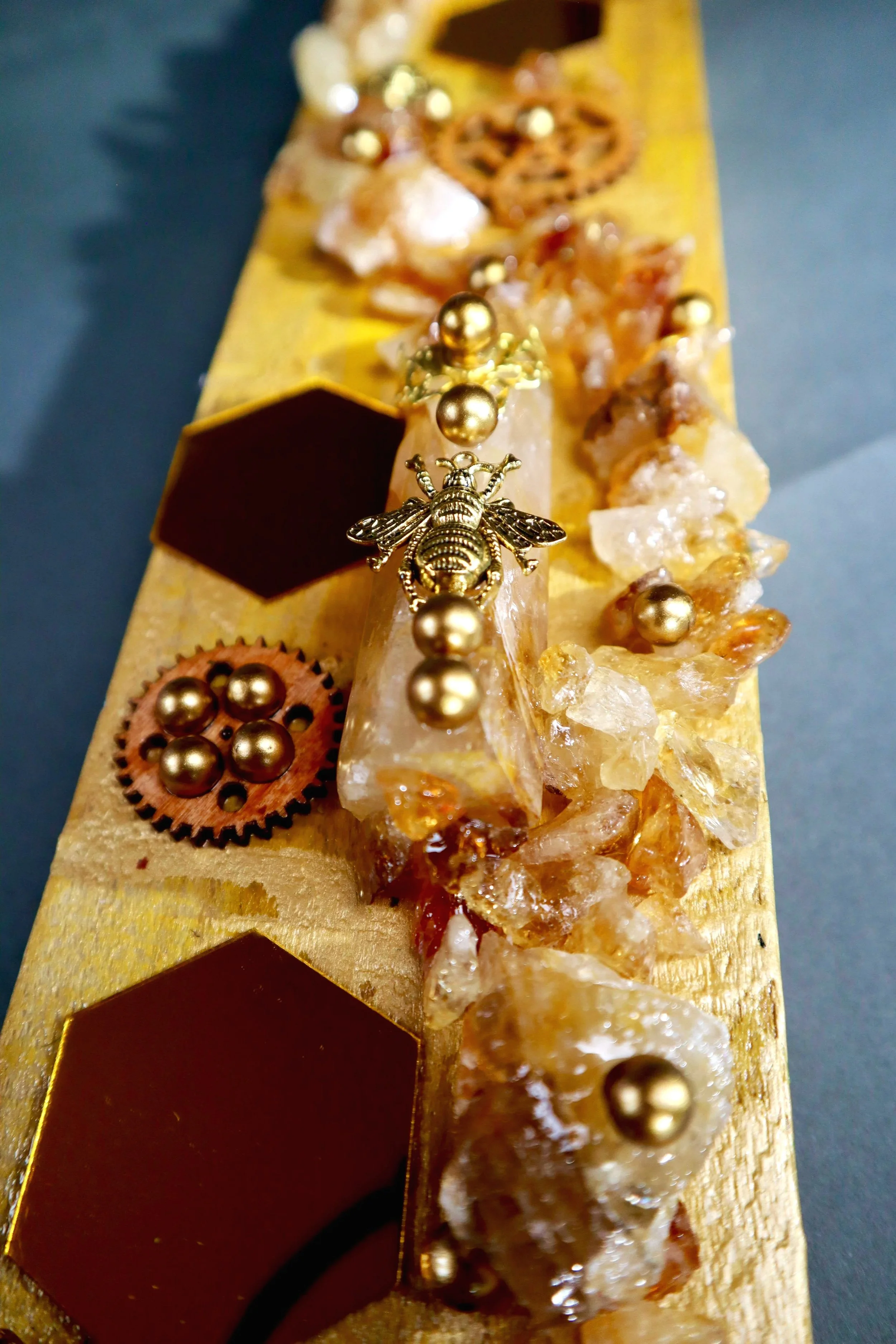 Honeycomb wall decor with citrine crystals, golden quartz and metallic details, unique bee inspired mixed media art