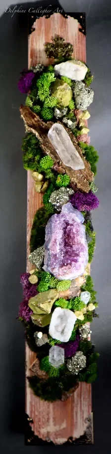 Collectible mineral wall artwork by Delphine Callegher featuring amethyst, clear quartz, pyrite and green opal