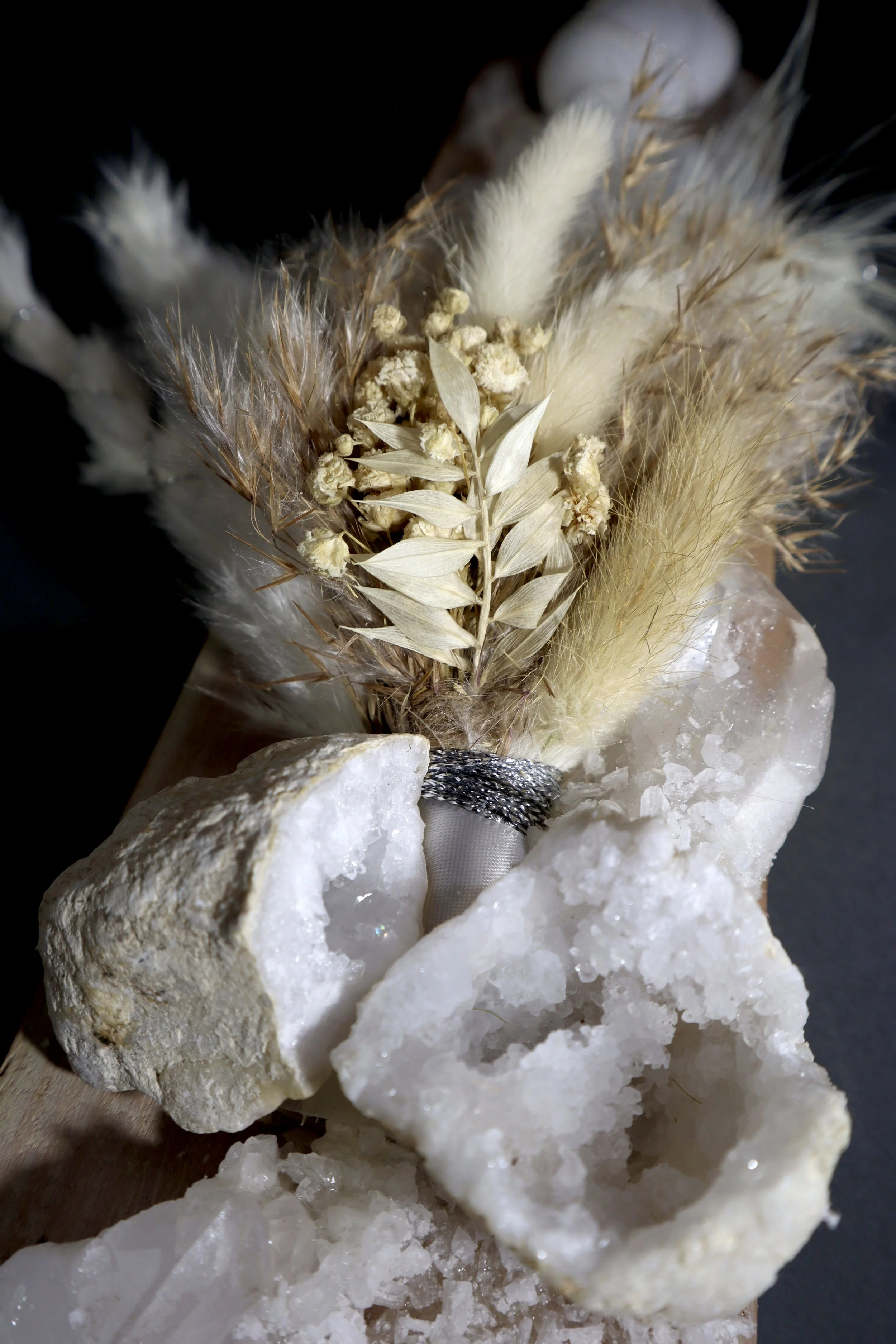White mixed media mineral wall sculpture with quartz, selenite and natural botanical textures