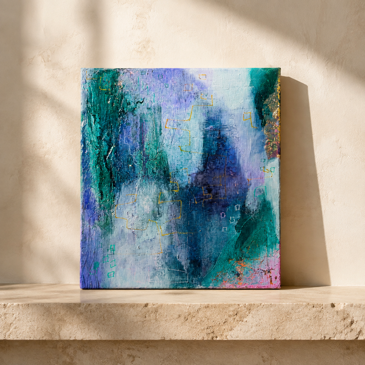Tidal Reverie
Original abstract mixed-media painting with ink, layered in turquoise, teal, cobalt blue, violet and soft pink tones. 8 × 10 in — Sold